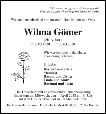 Traueranzeige von Wilma Gömer