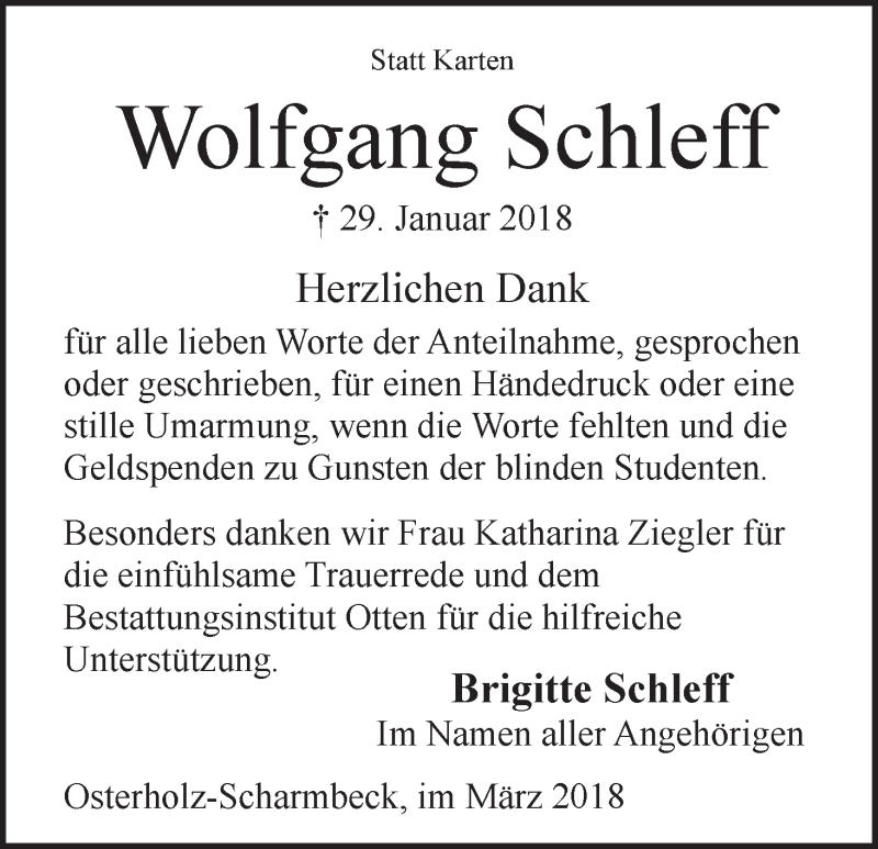 Traueranzeigen von Wolfgang Schleff | Trauer & Gedenken