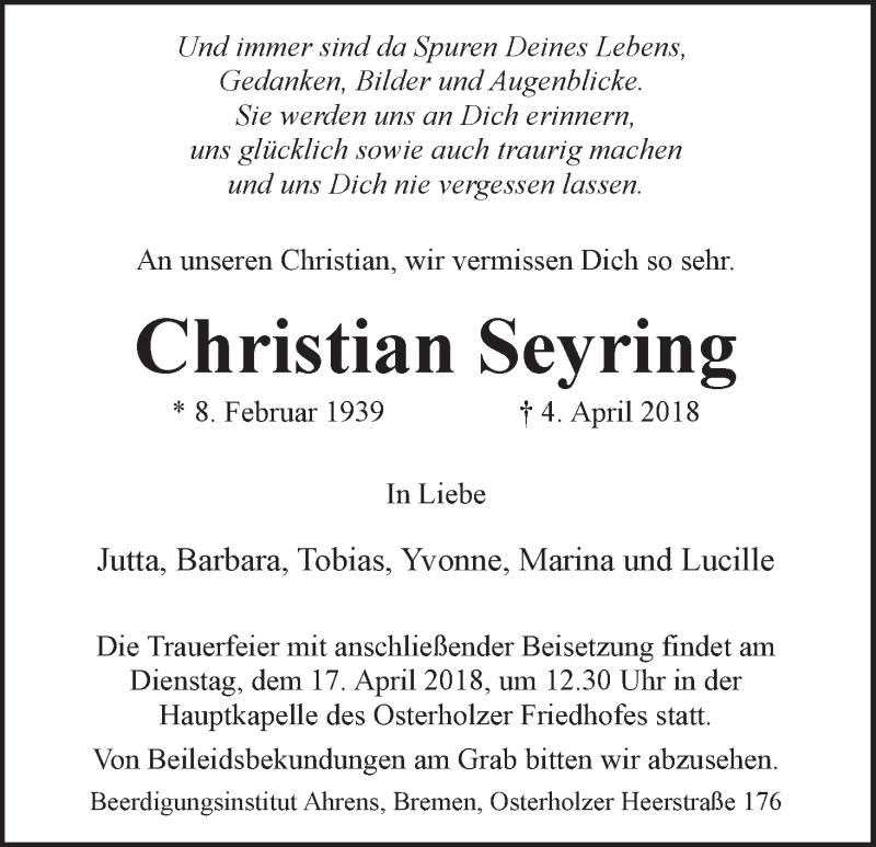  Traueranzeige für Christian Seyring vom 11.04.2018 aus WESER-KURIER