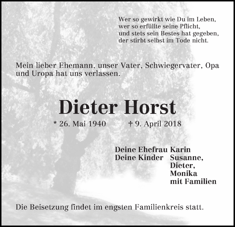 Traueranzeige von Dieter Horst von Die Norddeutsche