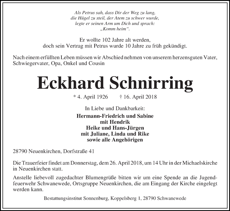 Traueranzeige von Eckhard Schnirring von Die Norddeutsche