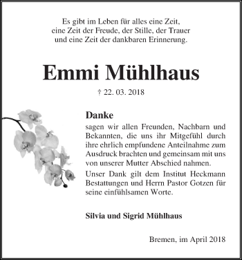 Traueranzeige von Emmi Mühlhaus