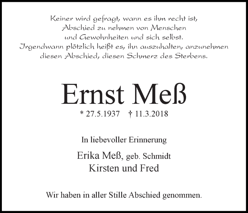 Traueranzeige von Ernst Meß von WESER-KURIER