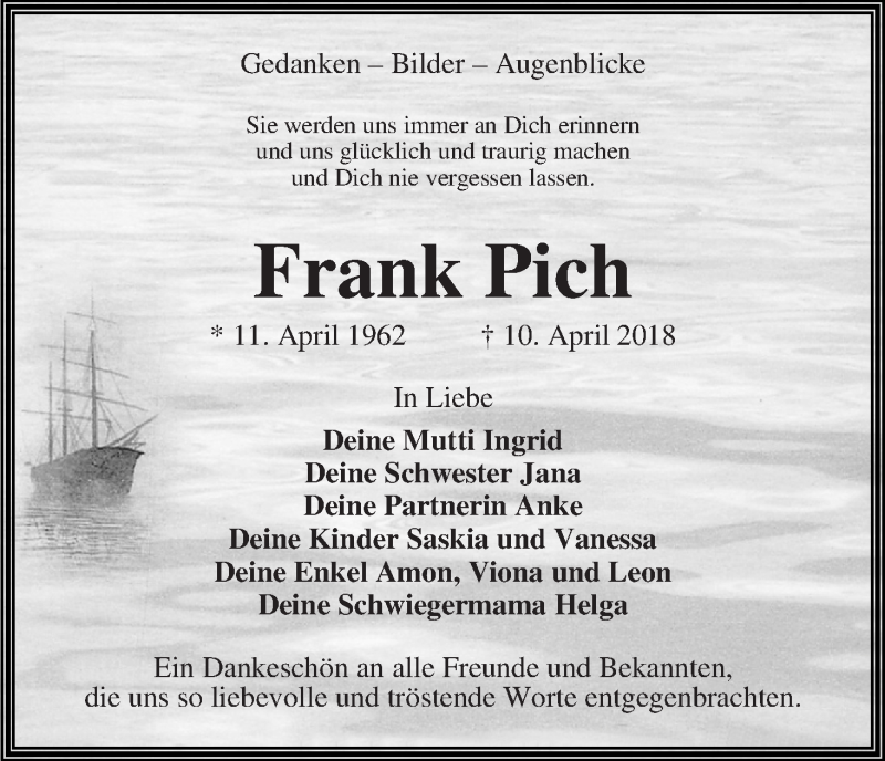  Traueranzeige für Frank Pich vom 21.04.2018 aus Wuemme Zeitung