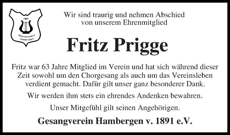  Traueranzeige für Fritz Prigge vom 21.04.2018 aus Osterholzer Kreisblatt