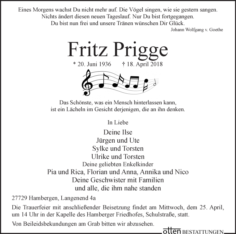  Traueranzeige für Fritz Prigge vom 21.04.2018 aus Osterholzer Kreisblatt