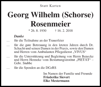 Traueranzeige von Georg Wilhelm Rosenmeier