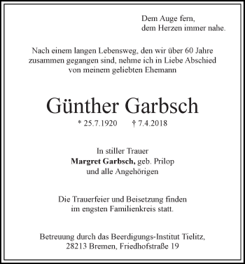 Traueranzeige von Günther Garbsch