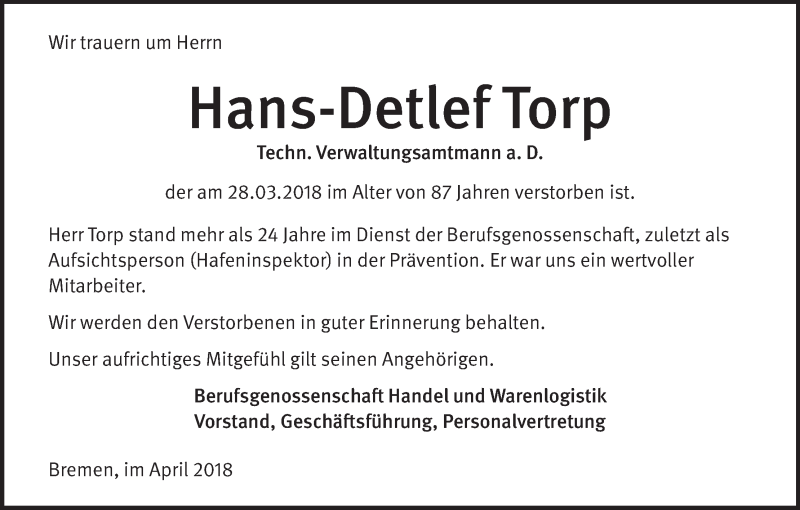 Traueranzeige von Hans-Detlef Torp von WESER-KURIER