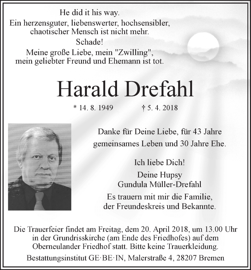  Traueranzeige für Harald Drefahl vom 18.04.2018 aus WESER-KURIER