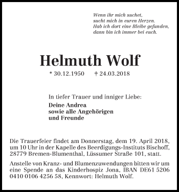 Traueranzeige von Helmuth Wolf
