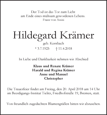 Traueranzeige von Hildegard Krämer
