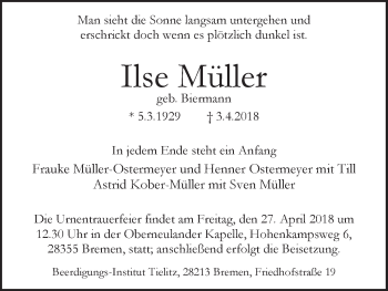 Traueranzeige von Ilse Müller