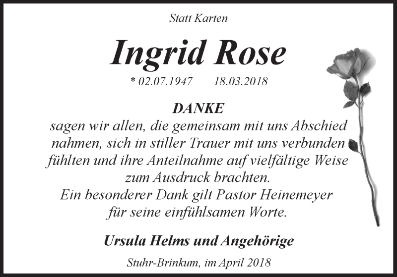  Traueranzeige für Ingrid Rose vom 28.04.2018 aus WESER-KURIER
