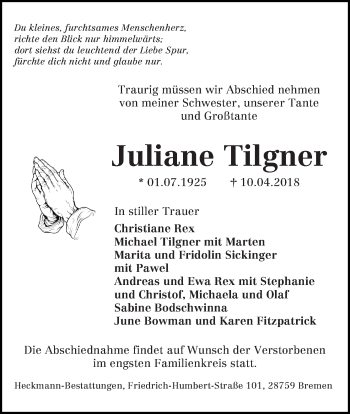 Traueranzeige von Juliane Tilgner