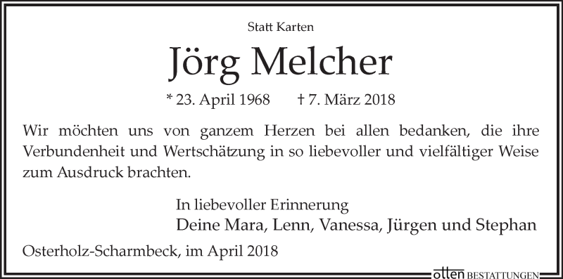  Traueranzeige für Jörg Melcher vom 14.04.2018 aus Osterholzer Kreisblatt
