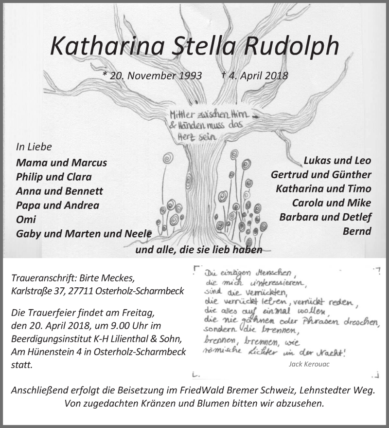  Traueranzeige für Katharina Stella Rudolph vom 14.04.2018 aus WESER-KURIER