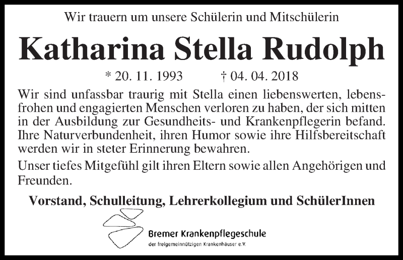  Traueranzeige für Katharina Stella Rudolph vom 14.04.2018 aus Osterholzer Kreisblatt