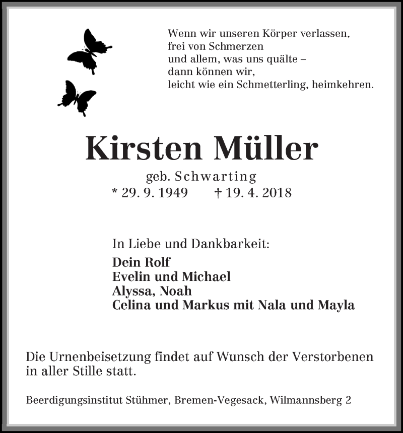 Traueranzeige von Kirsten Müller von Die Norddeutsche