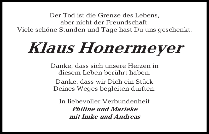  Traueranzeige für Klaus Honermeyer vom 25.04.2018 aus Osterholzer Kreisblatt