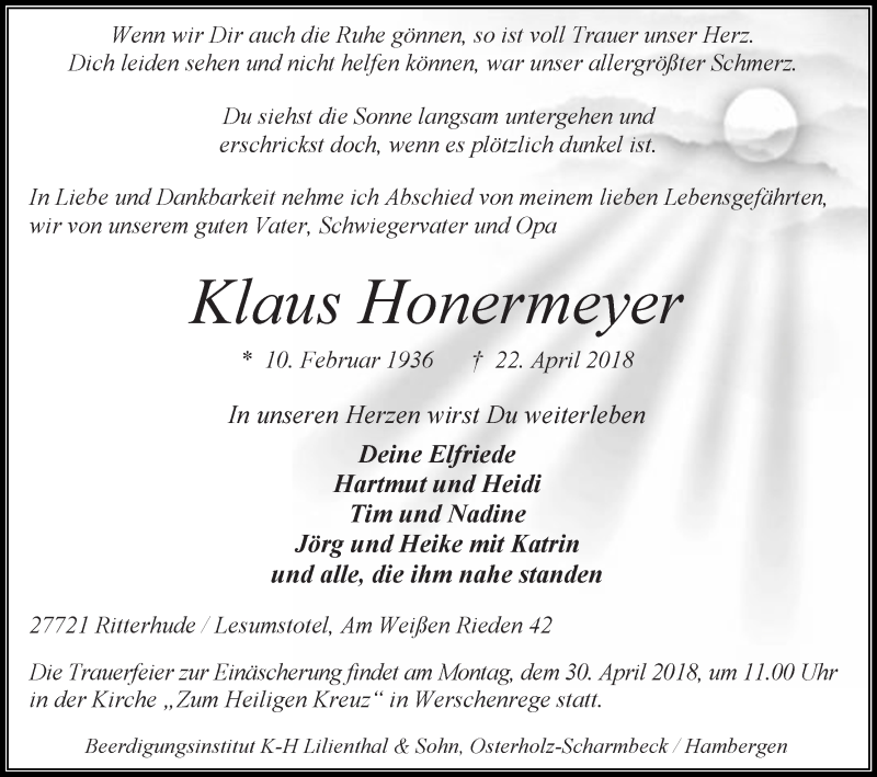  Traueranzeige für Klaus Honermeyer vom 24.04.2018 aus Osterholzer Kreisblatt