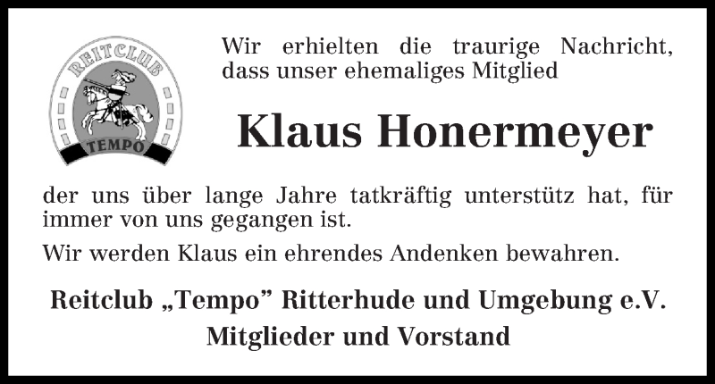  Traueranzeige für Klaus Honermeyer vom 26.04.2018 aus Osterholzer Kreisblatt