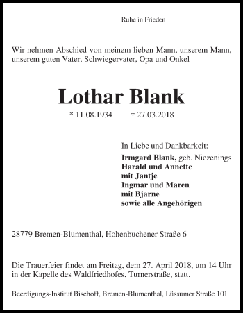 Traueranzeige von Lothar Blank