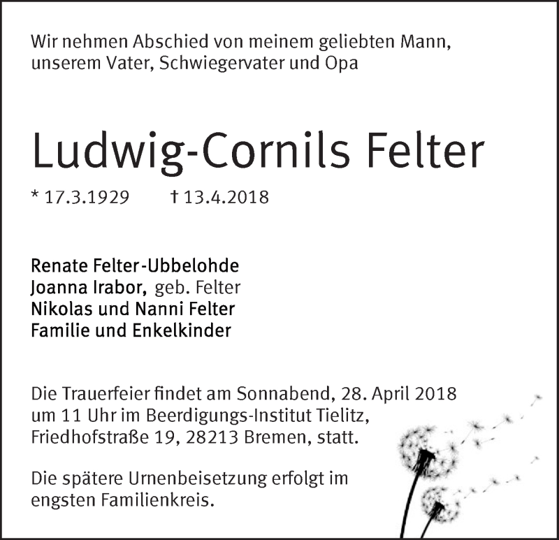  Traueranzeige für Ludwig-Cornils Felter vom 21.04.2018 aus WESER-KURIER
