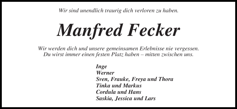 Traueranzeige von Manfred Fecker von WESER-KURIER