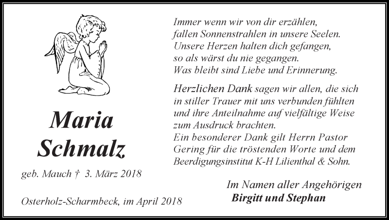  Traueranzeige für Maria Schmalz vom 21.04.2018 aus Osterholzer Kreisblatt