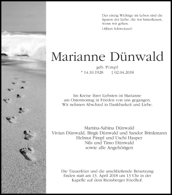 Traueranzeige von Marianne Dünwald