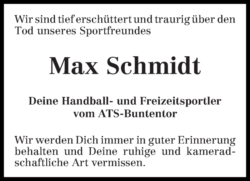 Traueranzeige von Max Schmidt von WESER-KURIER