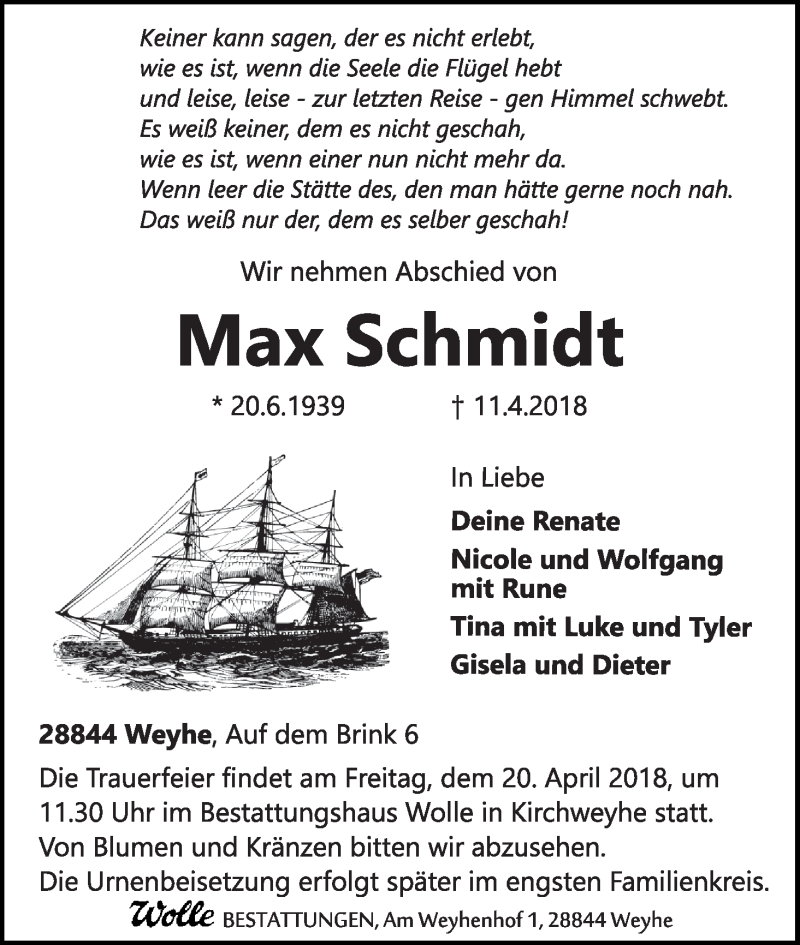 Traueranzeige von Max Schmidt von WESER-KURIER