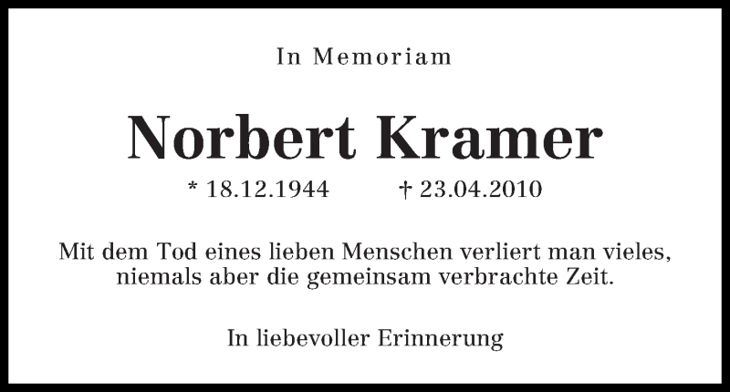  Traueranzeige für Norbert Kramer vom 23.04.2018 aus WESER-KURIER