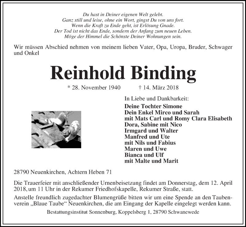 Traueranzeige von Reinhold Binding von Die Norddeutsche