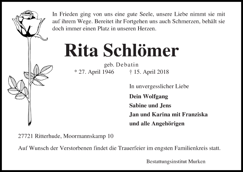  Traueranzeige für Rita Schlömer vom 20.04.2018 aus Osterholzer Kreisblatt