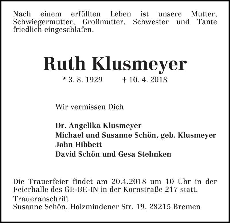 Traueranzeige von Ruth Klusmeyer von WESER-KURIER