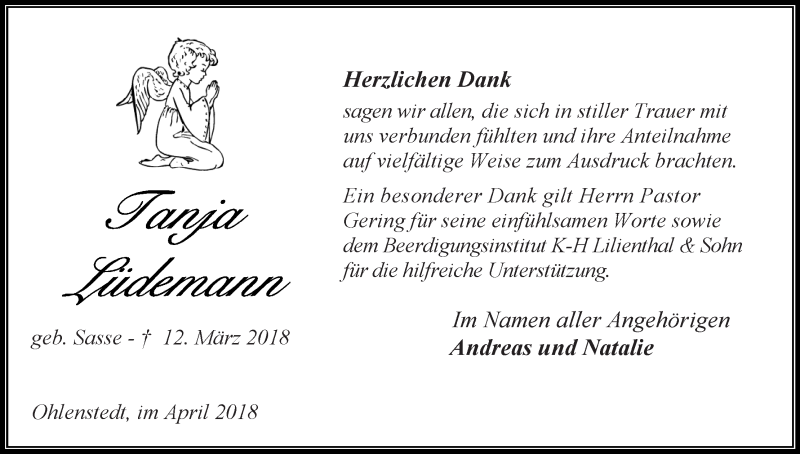  Traueranzeige für Tanja Lüdemann vom 28.04.2018 aus Osterholzer Kreisblatt