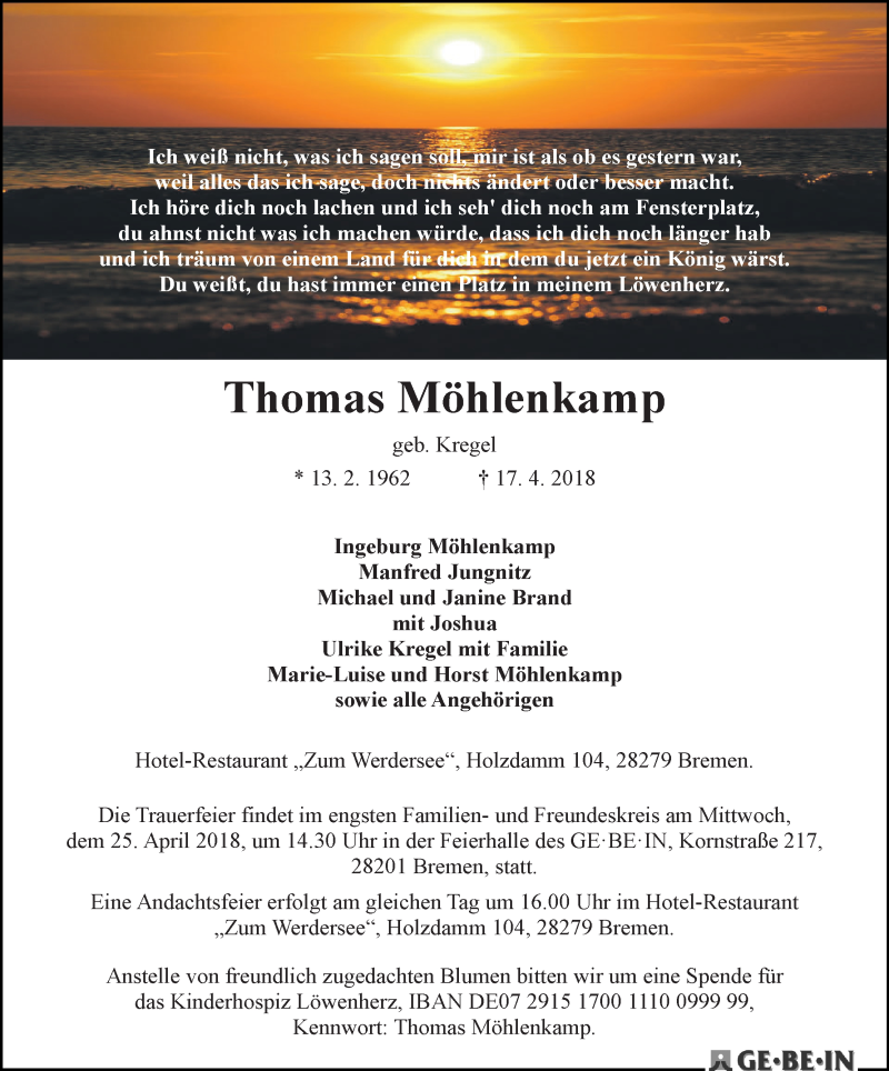  Traueranzeige für Thomas Möhlenkamp vom 21.04.2018 aus WESER-KURIER