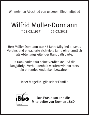 Traueranzeige von Wilfrid Müller-Dormann