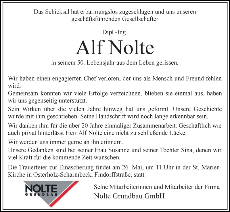  Traueranzeige für Alf Nolte vom 19.05.2018 aus Osterholzer Kreisblatt