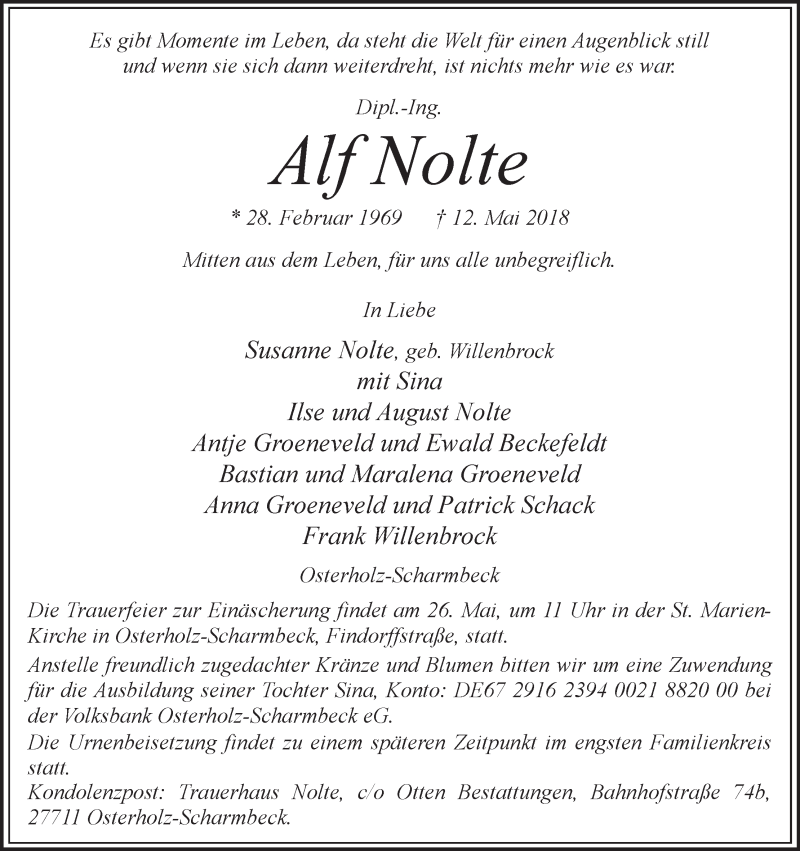  Traueranzeige für Alf Nolte vom 19.05.2018 aus WESER-KURIER