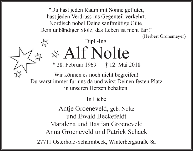  Traueranzeige für Alf Nolte vom 19.05.2018 aus Osterholzer Kreisblatt