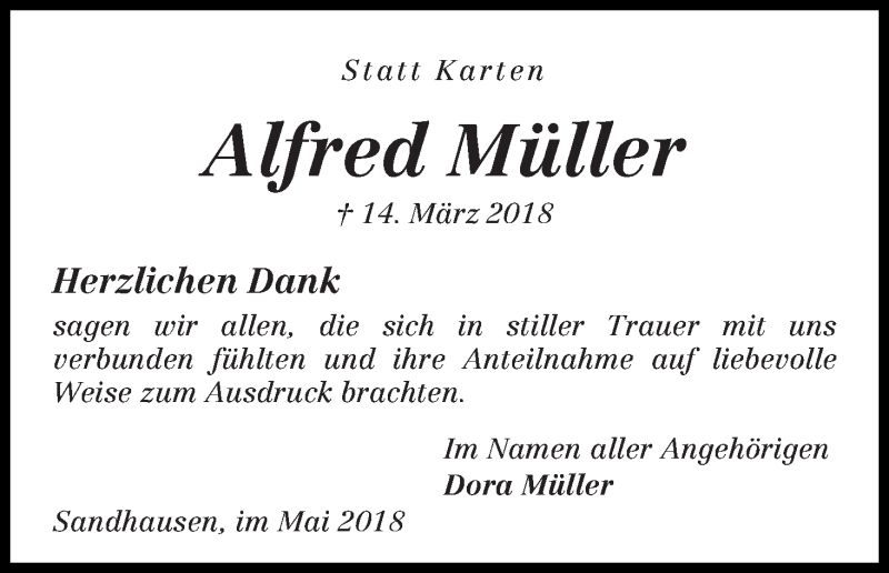  Traueranzeige für Alfred Müller vom 19.05.2018 aus Osterholzer Kreisblatt