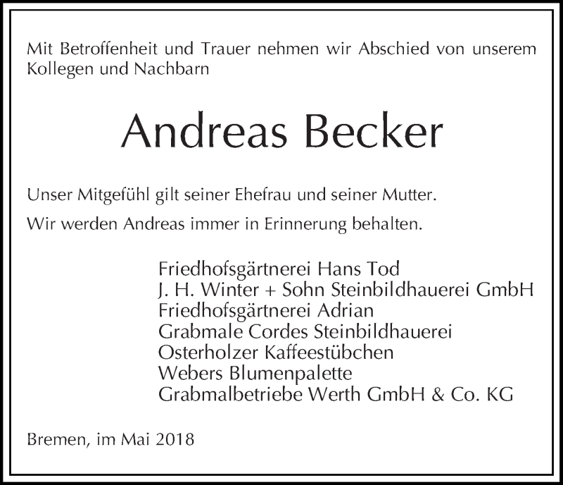  Traueranzeige für Andreas Becker vom 30.05.2018 aus WESER-KURIER