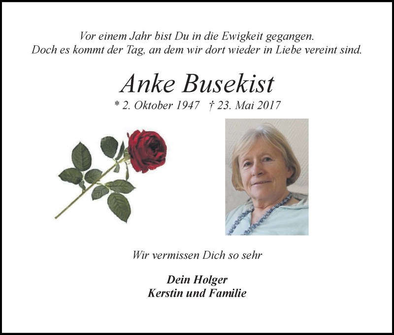  Traueranzeige für Anke Busekist vom 23.05.2018 aus Osterholzer Kreisblatt