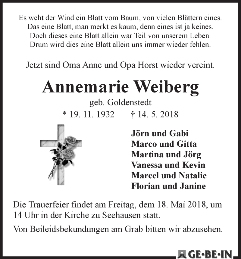  Traueranzeige für Annemarie Weiberg vom 16.05.2018 aus WESER-KURIER