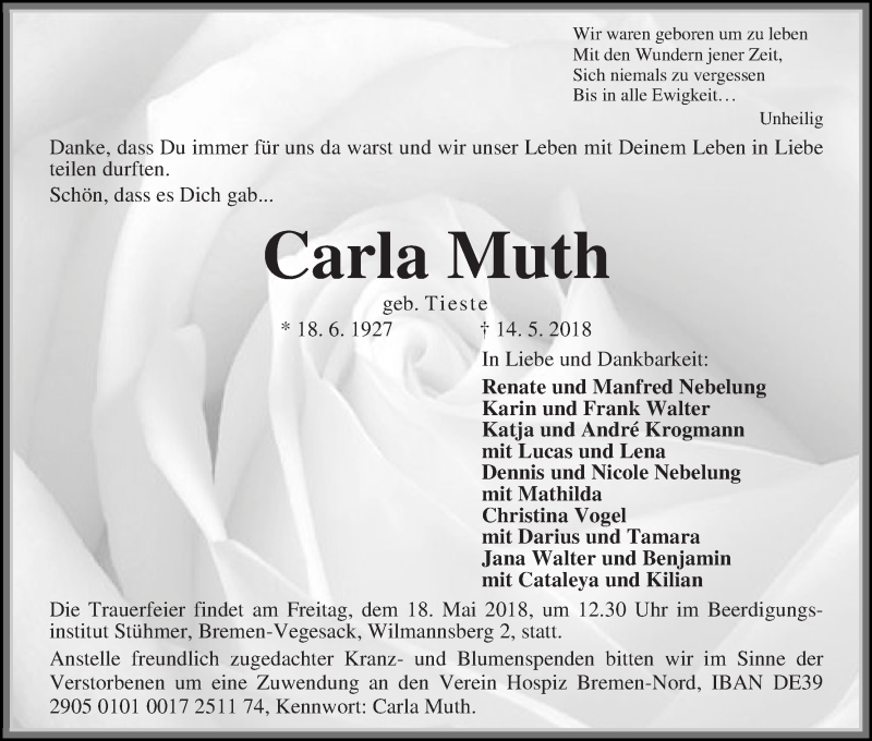  Traueranzeige für Carla Muth vom 16.05.2018 aus WESER-KURIER