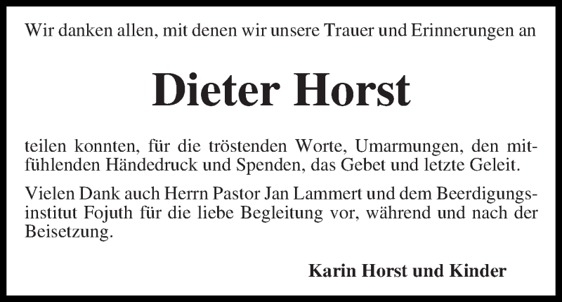 Traueranzeige von Dieter Horst von Die Norddeutsche