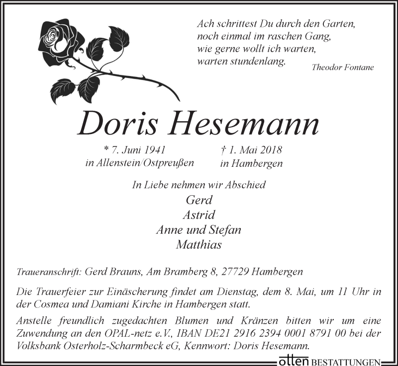  Traueranzeige für Doris Hesemann vom 04.05.2018 aus Osterholzer Kreisblatt